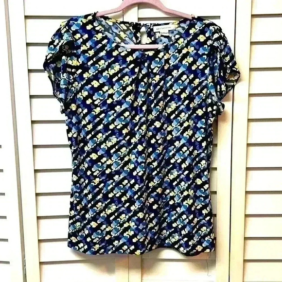 Liz Claiborne Short Flutter Sleeve Stretch Top Size Large Blue, White & Yellow - Picture 1 of 4